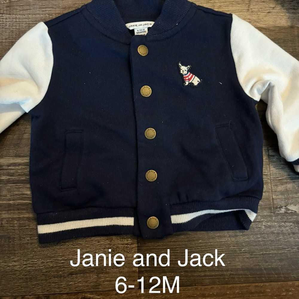 Janie and Jack Navy and White Baby Varsity Jacket with Dog Patch